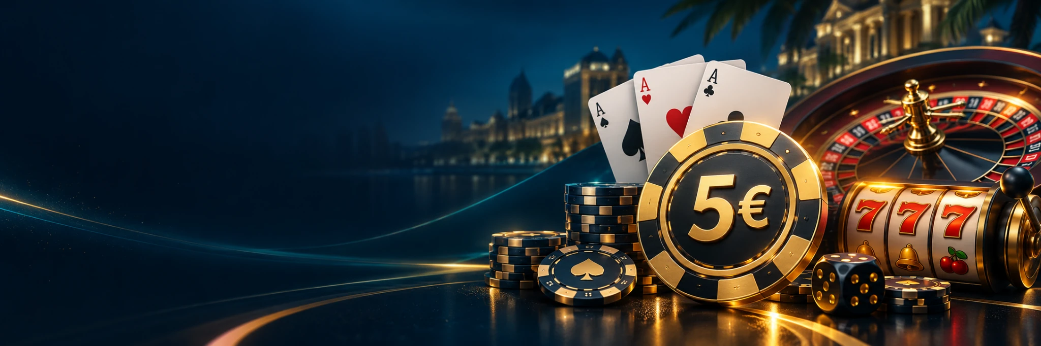 Escena de casino con ficha de 5 euros, ruleta, cartas, fichas y tragamonedas